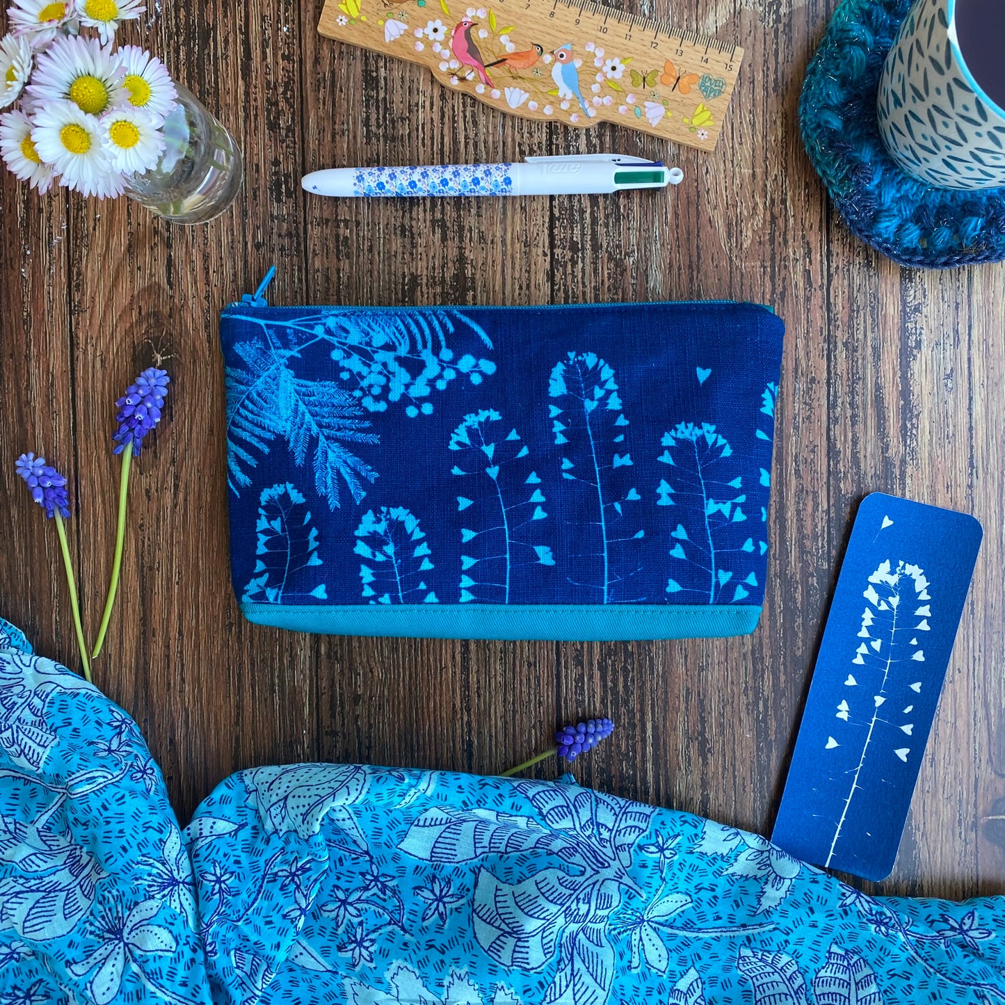 Petite pochette grand cyanotype Coeur Mimosa