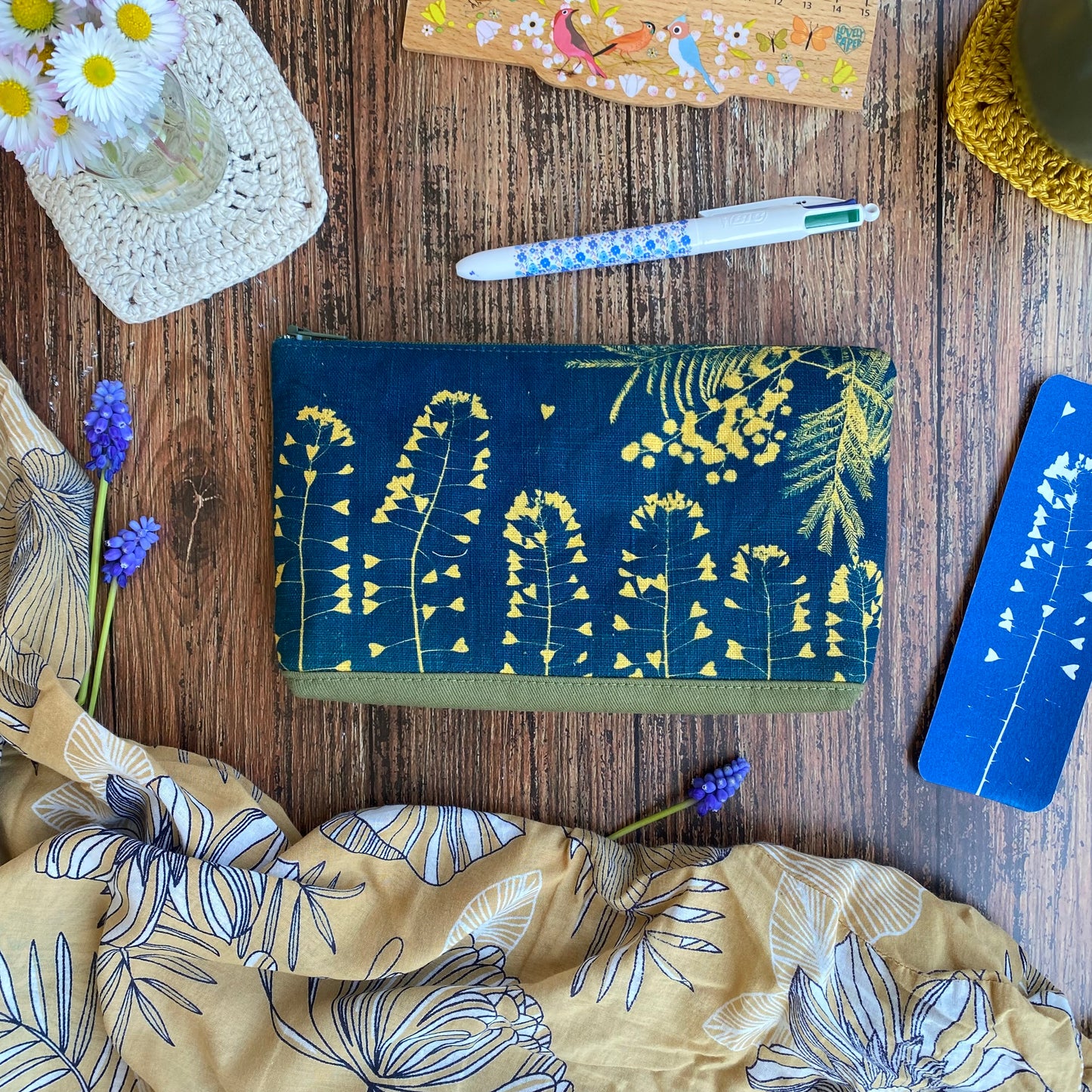 Petite pochette grand cyanotype Coeur Mimosa