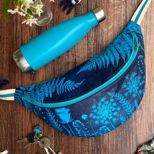 Banane grand format | Tissu fleuri cyanotype turquoise
