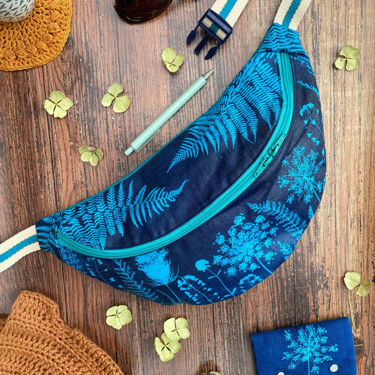 Banane grand format | Tissu fleuri cyanotype turquoise